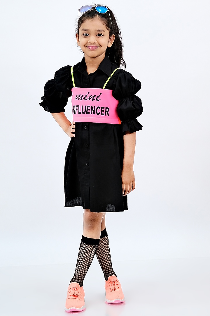 Black Scuba & Glace Cotton Shirt Dress For Girls by NAVKIYA G