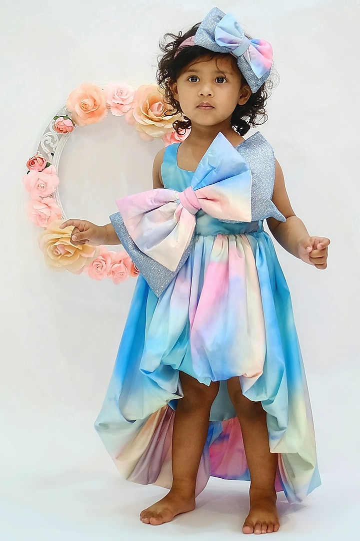 Blue Taffeta Printed Dress For Girls by NAVKIYA G