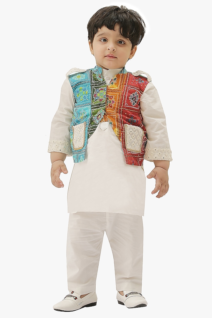 Multi-Colored Pure Cotton Printed Bundi Jacket Set For Boys by NAVKIYA G