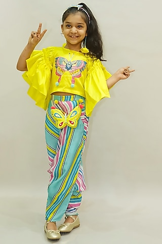 Green Cotton Blend Stripe Printed Pant Set For Girls by NAVKIYA G