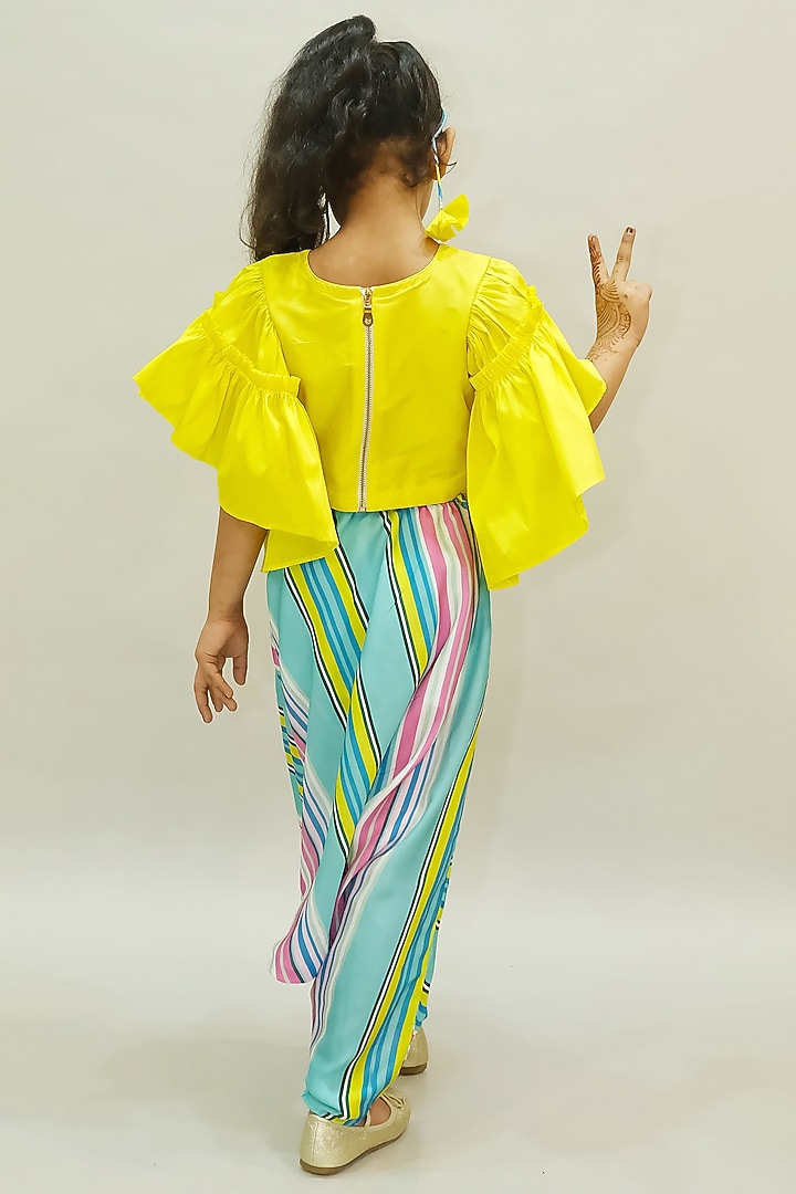 Green Cotton Blend Stripe Printed Pant Set For Girls by NAVKIYA G at Pernia's Pop Up Shop