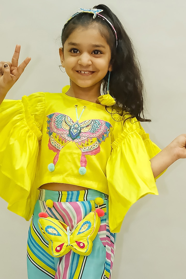 Green Cotton Blend Stripe Printed Pant Set For Girls by NAVKIYA G at Pernia's Pop Up Shop