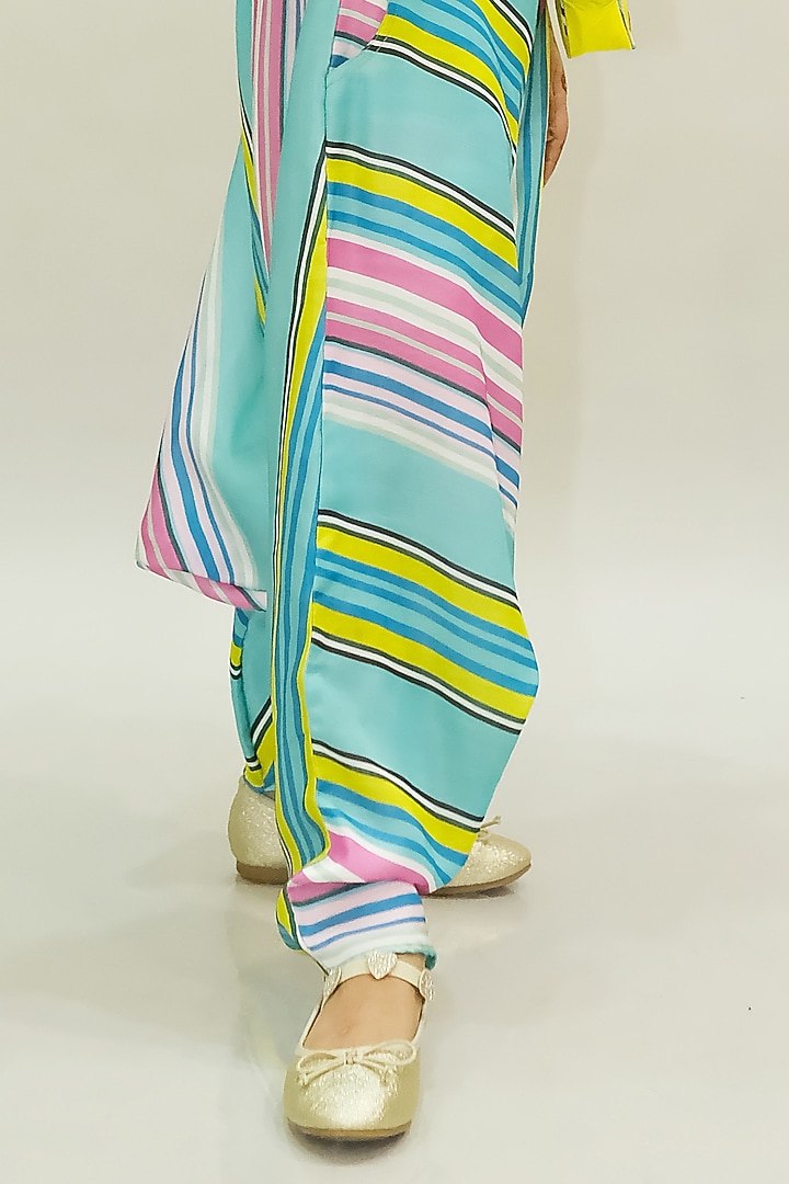 Green Cotton Blend Stripe Printed Pant Set For Girls by NAVKIYA G at Pernia's Pop Up Shop