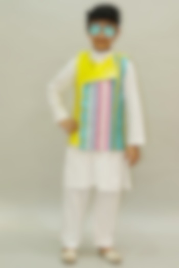 Multi-Colored Cotton Blend Printed Bundi Jacket Set For Boys by NAVKIYA G