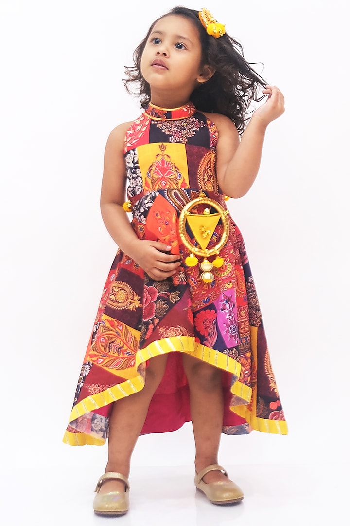 Multicolored Cotton Printed High-Low Dress For Girls by NAVKIYA G