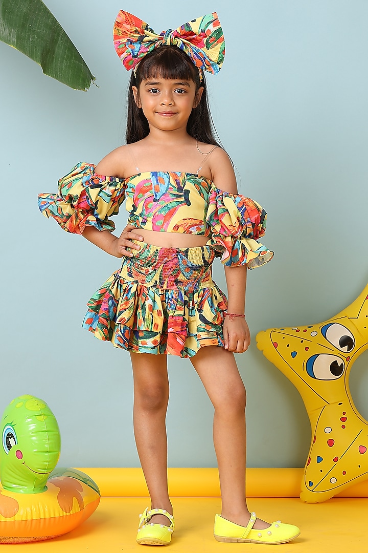 Yellow Cotton & Polyester Printed Skirt Set For Girls by NAVKIYA G