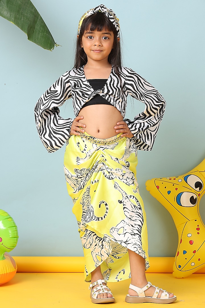 Yellow Satin Printed Skirt Set For Girls by NAVKIYA G