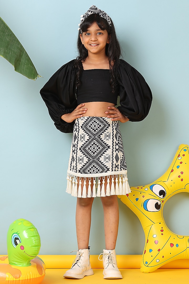 Beige Cotton Embroidered Skirt Set For Girls by NAVKIYA G at Pernia's Pop Up Shop