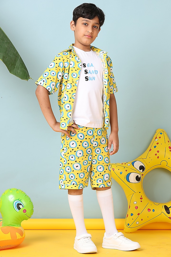 Yellow Cotton & Polyester Printed Co-Ord Set For Boys by NAVKIYA G