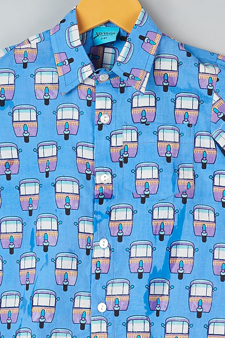 Sky Blue Hand Block Printed Shirt For Boys by Navyassa at Pernia's Pop Up Shop