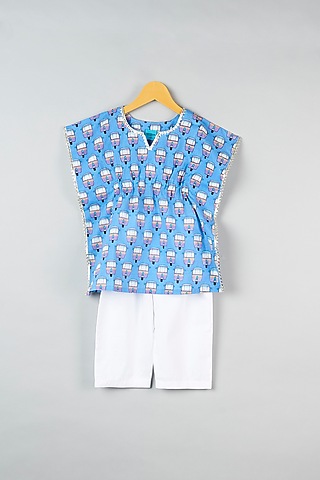Powder Blue Cotton Printed Kaftan Set For Girls by Navyassa