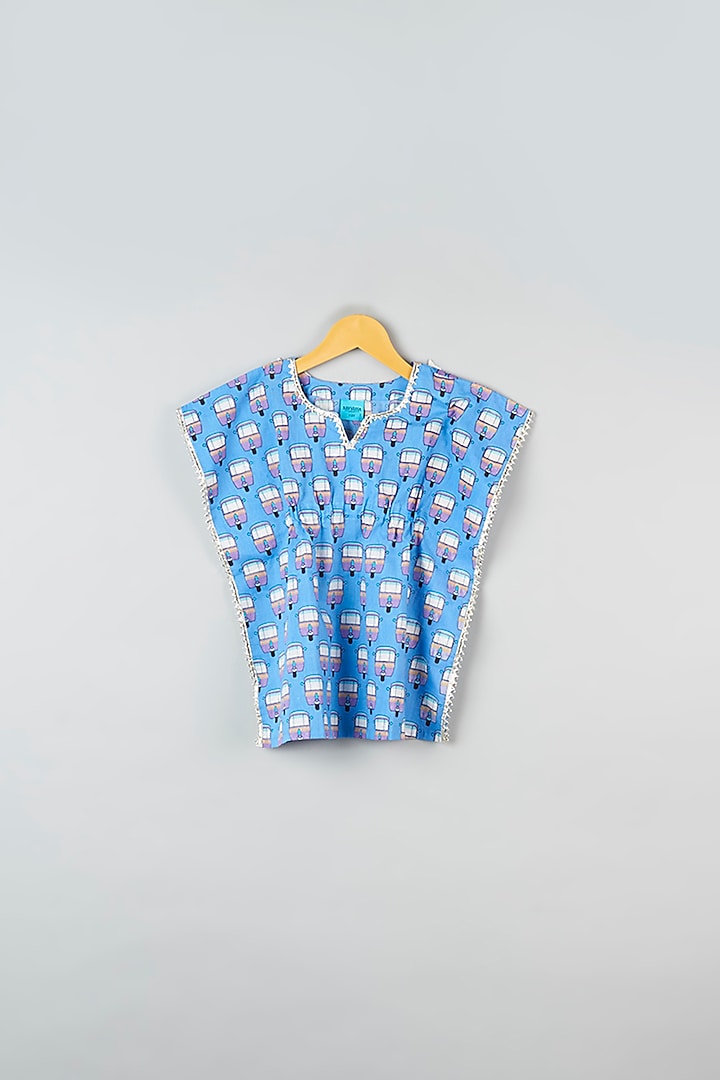 Powder Blue Cotton Printed Kaftan Set For Girls by Navyassa at Pernia's Pop Up Shop