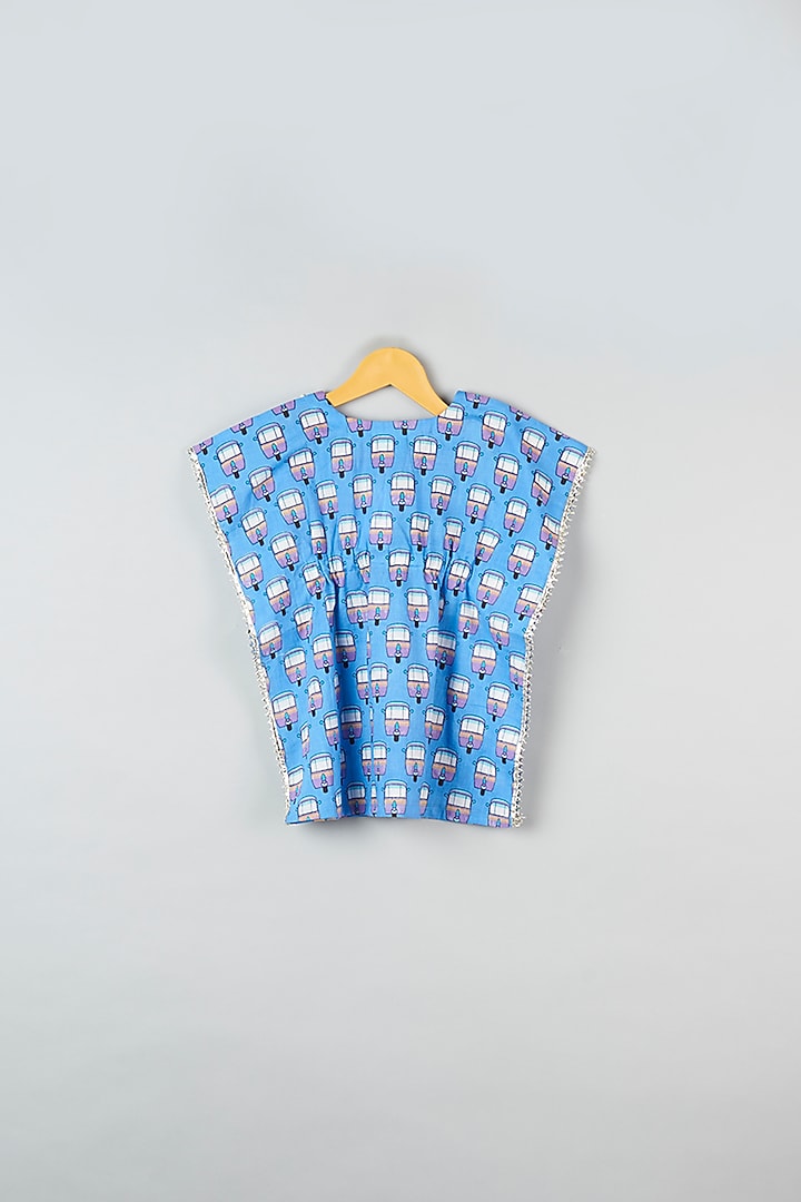 Powder Blue Cotton Printed Kaftan Set For Girls by Navyassa at Pernia's Pop Up Shop