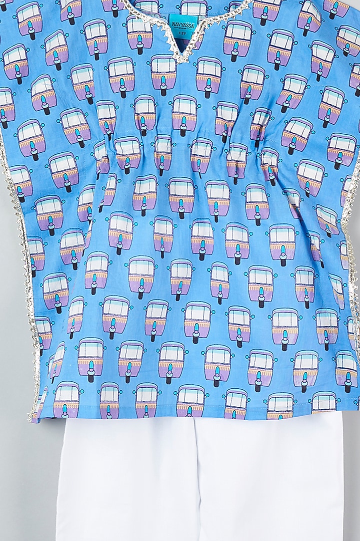 Powder Blue Cotton Printed Kaftan Set For Girls by Navyassa at Pernia's Pop Up Shop