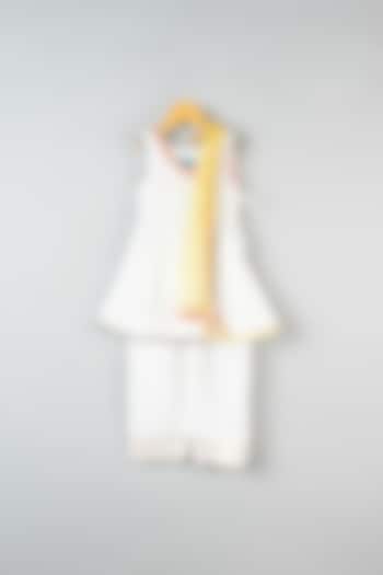 White Cotton Silk Angrakha Kurta Set For Girls by Navyassa