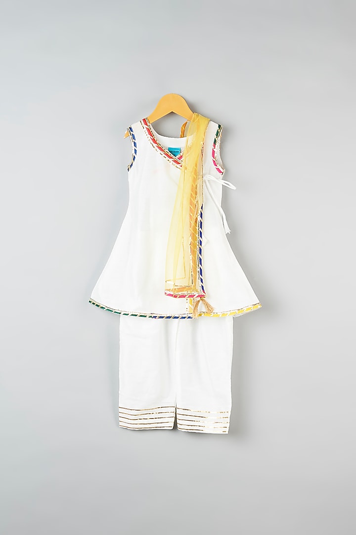 White Cotton Silk Angrakha Kurta Set For Girls by Navyassa