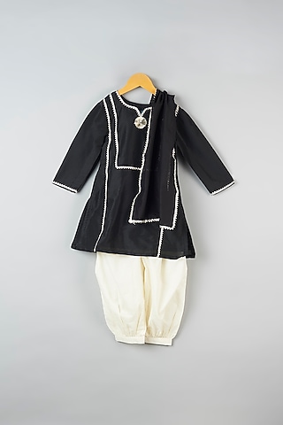 Black Cotton Silk Kurta Set For Girls by Navyassa