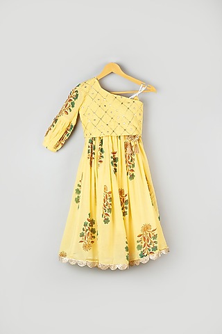 Butter Yellow Muslin Hand Embroidered Lehenga Set For Girls by Navyassa