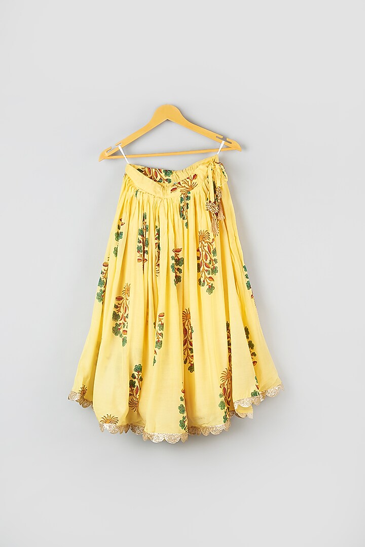 Butter Yellow Muslin Hand Embroidered Lehenga Set For Girls by Navyassa at Pernia's Pop Up Shop
