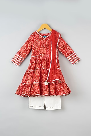 Red Cotton Printed Anarkali Set For Girls by Navyassa
