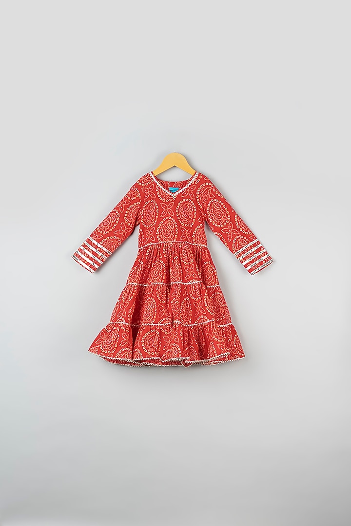 Red Cotton Printed Anarkali Set For Girls by Navyassa at Pernia's Pop Up Shop