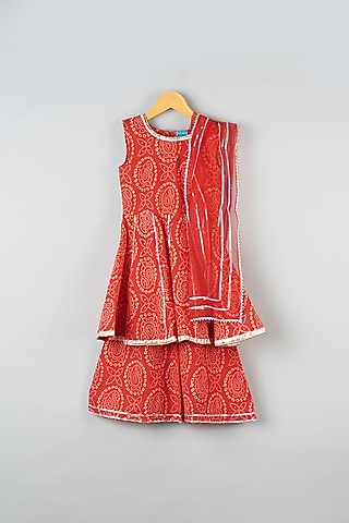 Red Cotton Bandhej Printed Kurta Set For Girls by Navyassa
