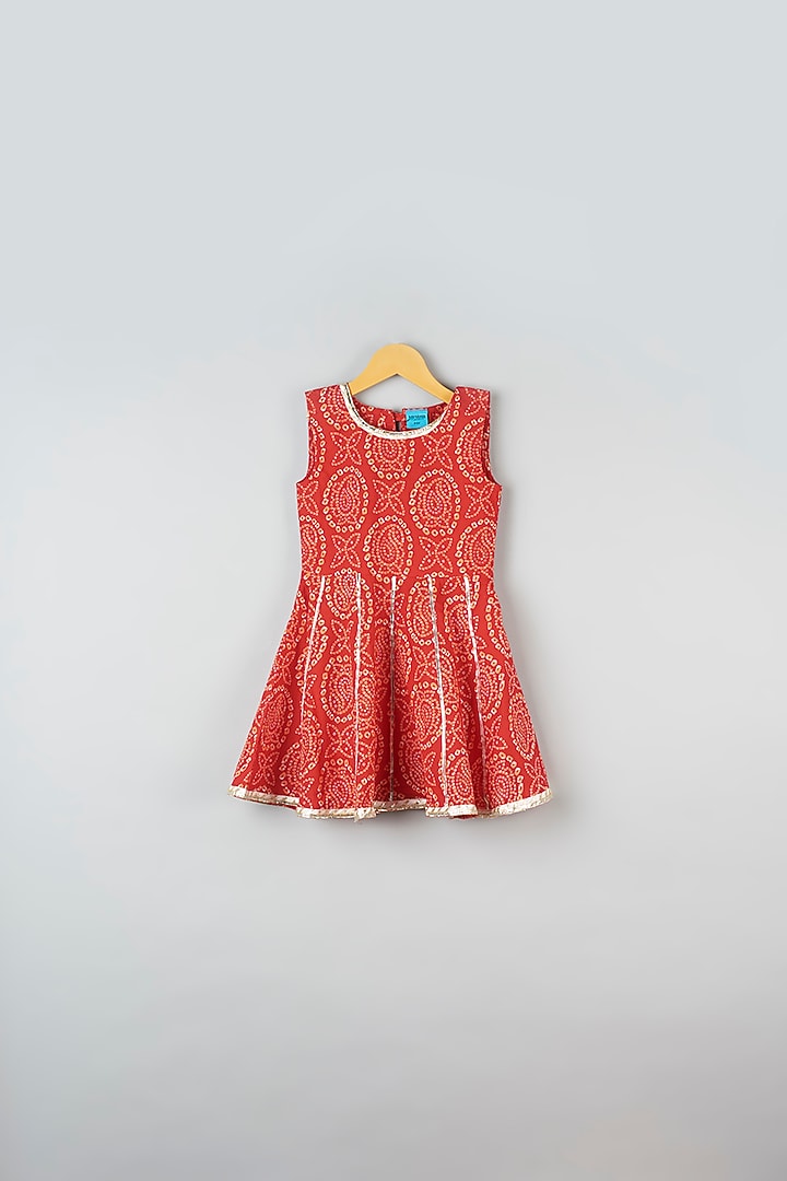 Red Cotton Bandhej Printed Kurta Set For Girls by Navyassa at Pernia's Pop Up Shop