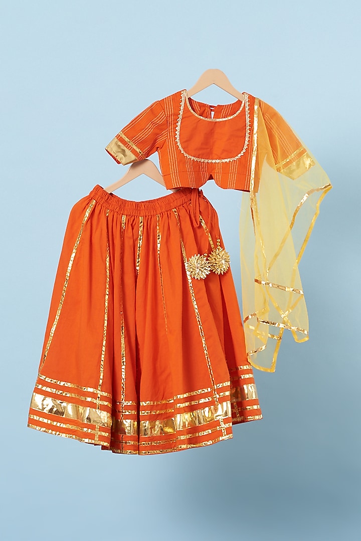 Orange Cotton Lehenga Set For Girls by Navyassa