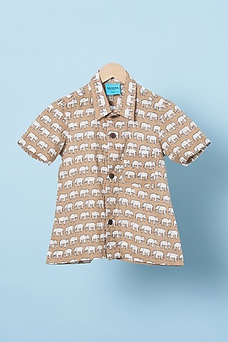 Earthy Brown Cotton Hand Block Printed Shirt For Boys by Navyassa