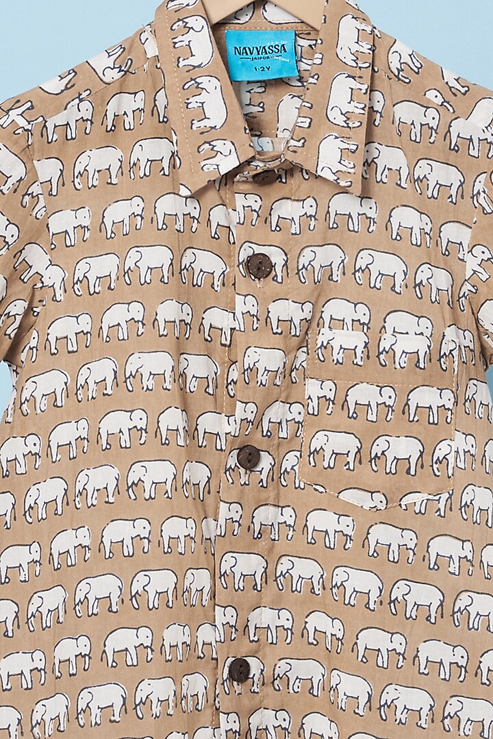 Earthy Brown Cotton Hand Block Printed Shirt For Boys by Navyassa at Pernia's Pop Up Shop