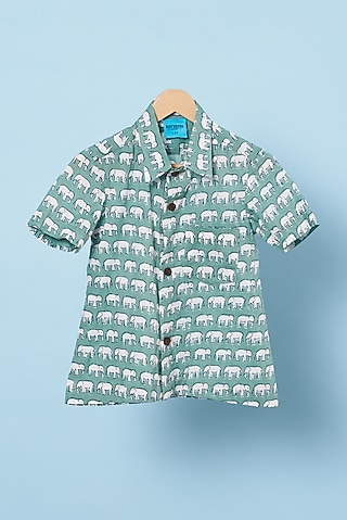 Earthy Green Cotton Hand Block Printed Shirt For Boys by Navyassa