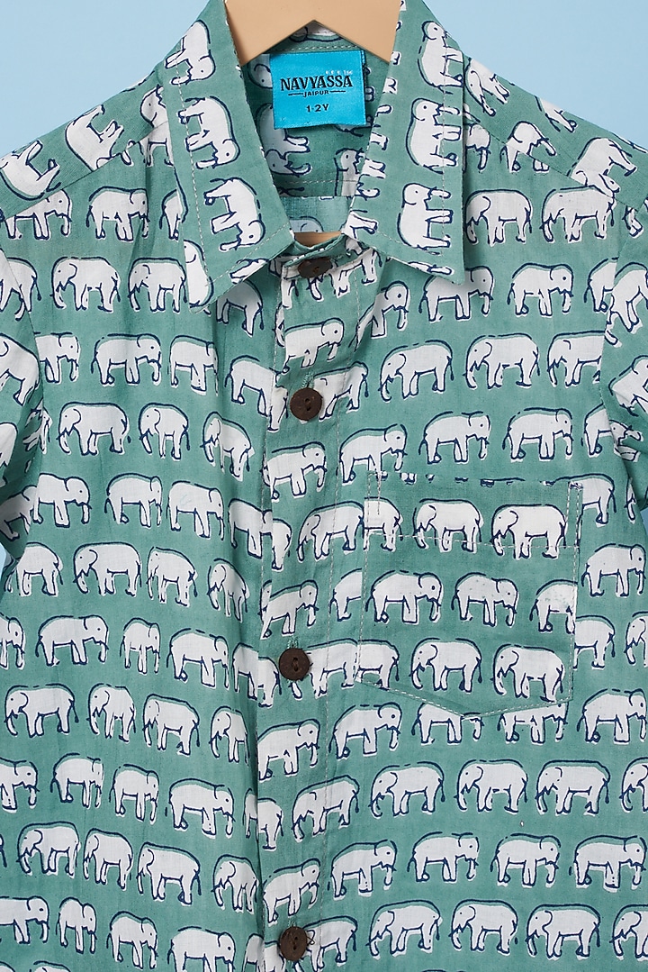 Earthy Green Cotton Hand Block Printed Shirt For Boys by Navyassa at Pernia's Pop Up Shop