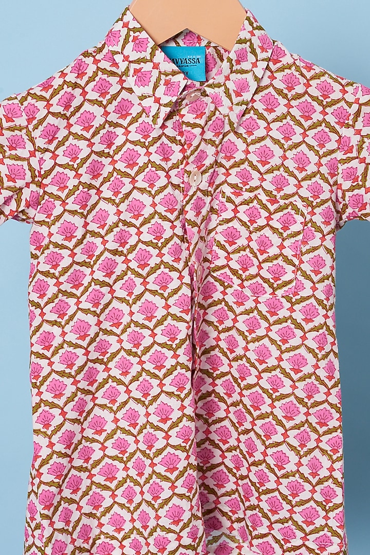 Pink Cotton Floral Hand Block Printed Shirt For Boys by Navyassa at Pernia's Pop Up Shop