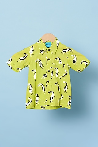 Lime Green Cotton Hand Block Printed Shirt For Boys by Navyassa