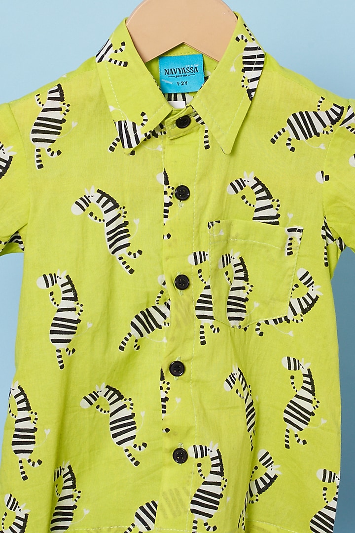 Lime Green Cotton Hand Block Printed Shirt For Boys by Navyassa at Pernia's Pop Up Shop