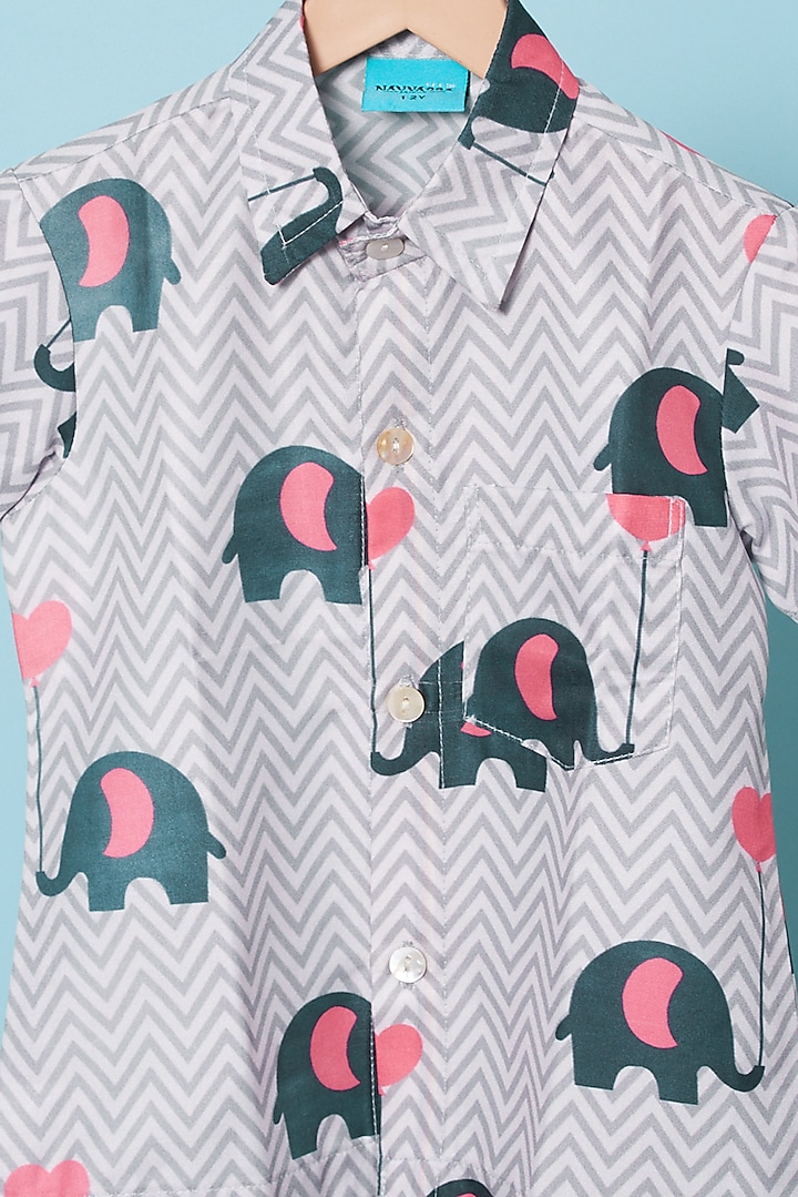 Steel Grey Cotton Hand Block Printed Shirt For Boys by Navyassa at Pernia's Pop Up Shop