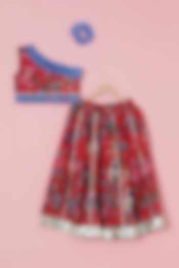 Red Cotton Bird Printed Skirt Set For Girls by Navyassa at Pernia's Pop Up Shop