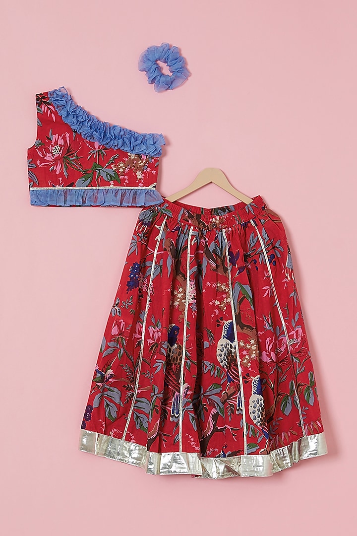 Red Cotton Bird Printed Skirt Set For Girls by Navyassa at Pernia's Pop Up Shop