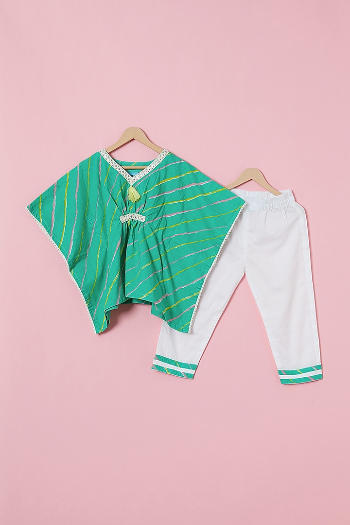 Green Green Cotton Leheriya Kaftan Set For Girls by Navyassa at Pernia's Pop Up Shop