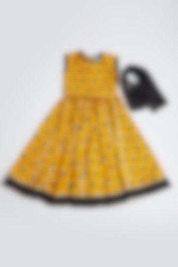 Yellow & Black Printed Lehenga Set For Girls by Navyassa