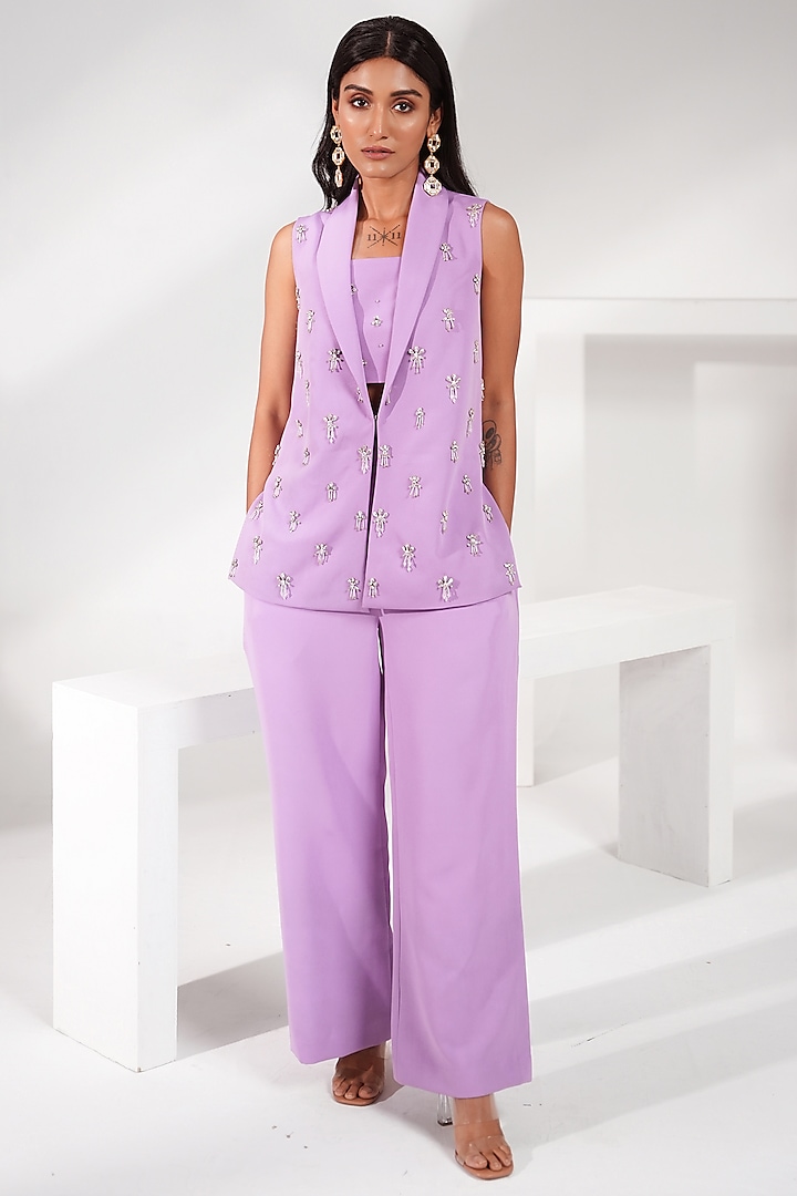 Amethyst Purple Poly Crepe Crystal Embroidered Blazer Set by Nayantara Couture at Pernia's Pop Up Shop