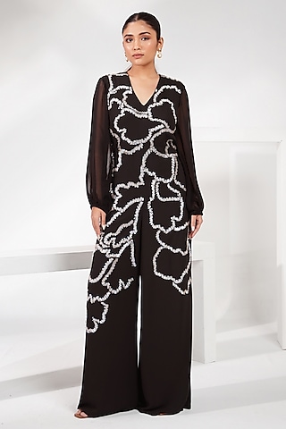 Black Poly Georgette Floral Embroidered Flared Jumpsuit by Nayantara Couture