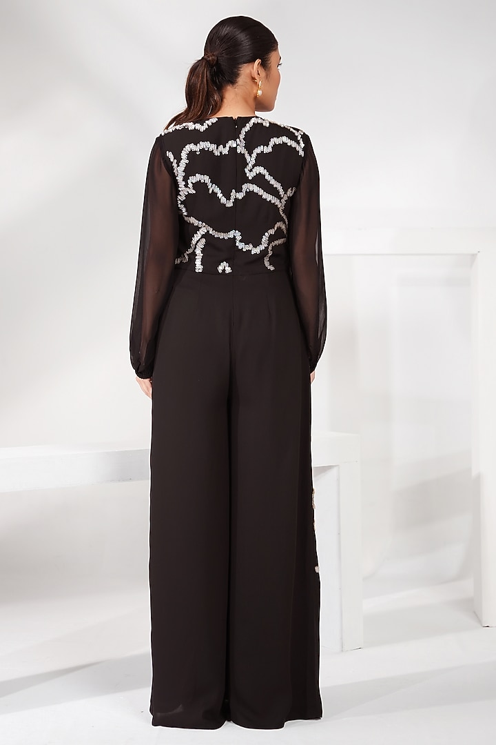 Black Poly Georgette Floral Embroidered Flared Jumpsuit by Nayantara Couture at Pernia's Pop Up Shop