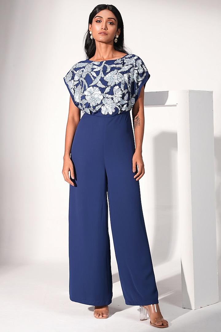 Navy Blue Poly Georgette Floral Embroidered Drop-Shoulder Jumpsuit by Nayantara Couture at Pernia's Pop Up Shop