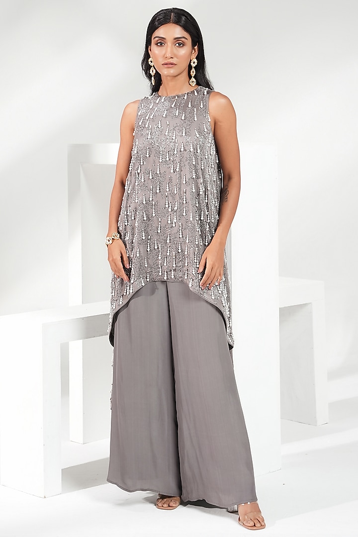 Ash Grey Viscose Satin Organza Embellished Asymmetrical Tunic Set by Nayantara Couture at Pernia's Pop Up Shop