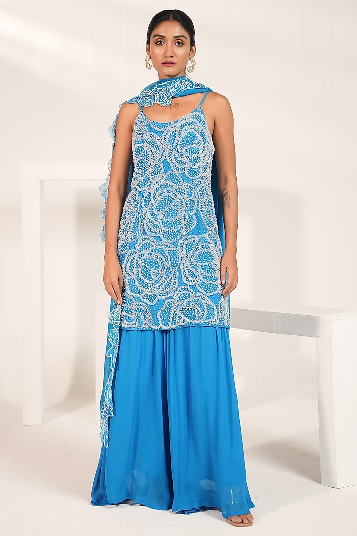 Cobalt Blue Viscose Georgette Sharara Set by Nayantara Couture at Pernia's Pop Up Shop