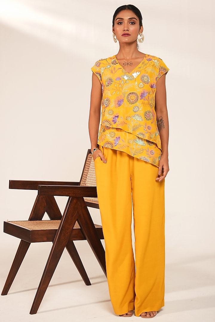 Mustard Viscose Crepe Embroidered Co-Ord Set by Nayantara Couture at Pernia's Pop Up Shop