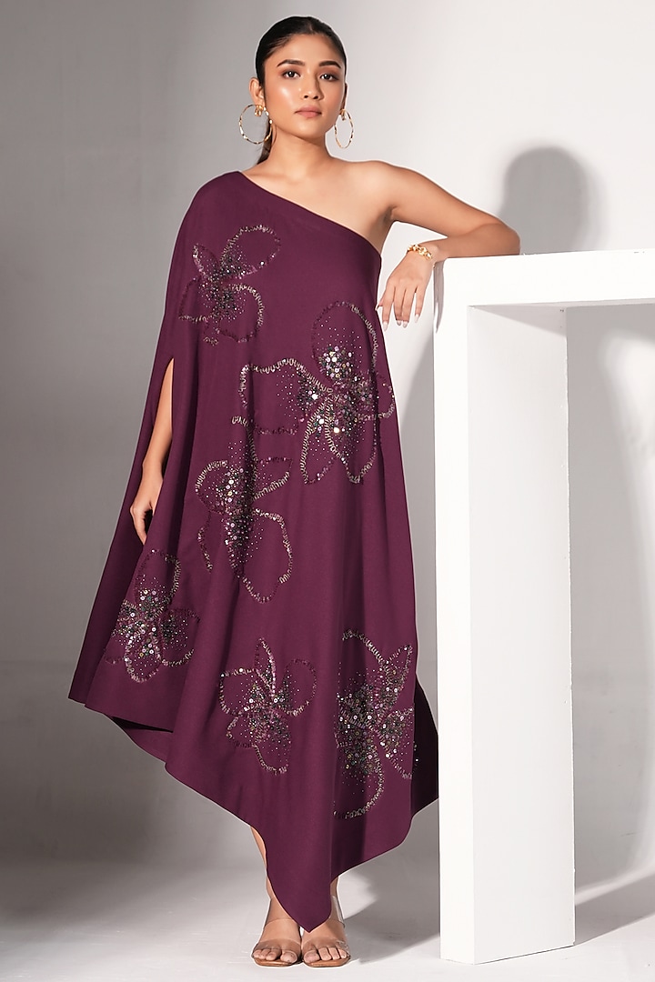 Plum Poly Crepe Floral Embroidered Asymmetrical One-Shoulder Dress by Nayantara Couture