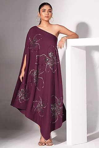 Plum Poly Crepe Floral Embroidered Asymmetrical One-Shoulder Dress by Nayantara Couture