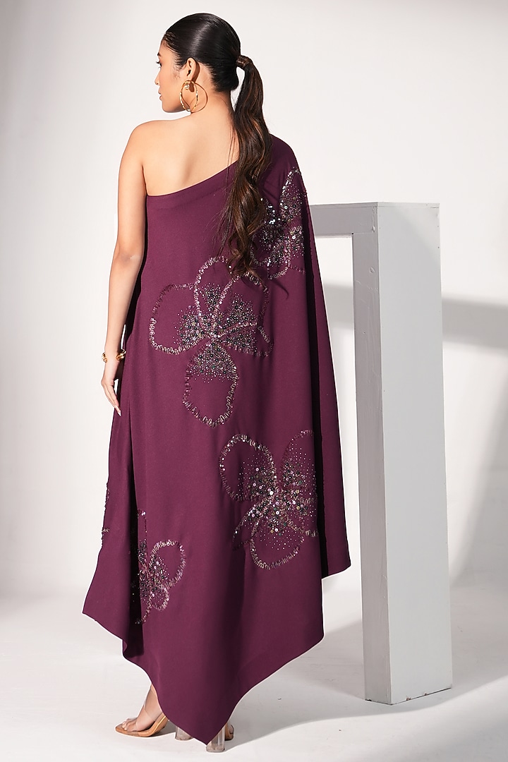 Plum Poly Crepe Floral Embroidered Asymmetrical One-Shoulder Vacation Dress by Nayantara Couture at Pernia's Pop Up Shop